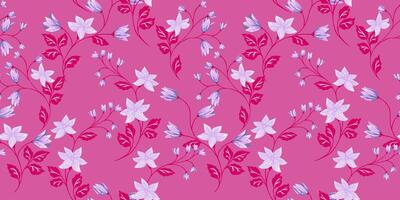 Pink wild blooming wild meadow seamless pattern. Abstract artistic floral stems intertwined in a patterned printing. hand drawn tiny flowers bells, small leaves, buds. Template for designs vector