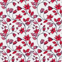 Creative wild plants intertwined in a seamless pattern. hand drawn. Abstract artistic branches with tiny ditsy red flowers and pink leaves, buds printing on a white background. vector
