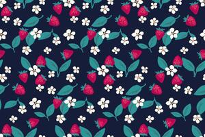 Cute stylized berries strawberries, flowers, leaves seamless pattern on a black background. hand drawn doodle sketch cartoon summer fruits printing. vector