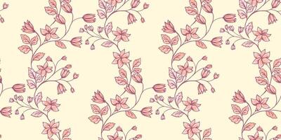 Pastel seamless pattern with creative wild floral stems. Abstract artistic curved branches with tiny flowers, bells, leaves intertwined in patterned. hand drawn. Template for designs, vector