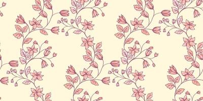 Pastel seamless pattern with creative wild floral stems. Abstract artistic curved branches with tiny flowers, bells, leaves intertwined in patterned. hand drawn. Template for designs, vector