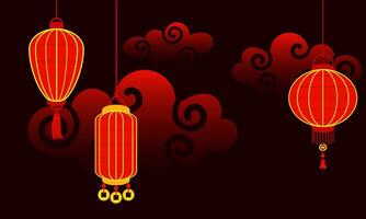 chino rojo papel linternas colgar en un fila en contra un oscuro nube antecedentes a noche, recordando de cultural riqueza y festivo atmósfera. festivo temas, cultural presentaciones Luna festival vector