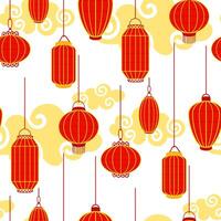 Pattern is Chinese red paper lanterns of different shapes with tassels on a background of delicate clouds, cultural richness and festive atmosphere. A festive festival. Moon Festival. Seamless texture vector