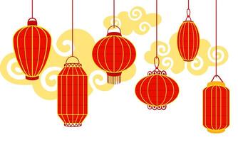 Chinese red paper lanterns hang thickly in a row against the clouds, reminding of the cultural wealth and festive atmosphere. A festival for good luck. Festive themes, cultural presentations. Moon vector