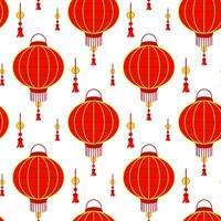 modelo es un chino rojo papel linterna con borlas, recordativo de cultural riqueza y un festivo atmósfera. un festivo festival. oval linternas con amuletos, borlas y oro. el Luna festival vector