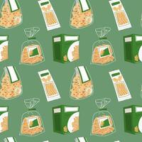 A pattern of Italian pasta packages. The paper box, plastic bags are transparent and white. Flat illustration for packaging. Culinary topics and food marketing. Seamless texture on green vector