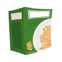 un plano ilustración de un pegar en un cartulina caja diseñado para almacenamiento. eso es adecuado para culinario temas y comida marketing. aislado verde caja en blanco con un imagen de pasta en un plato vector