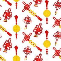 A pattern of red threads is tied into Chinese knots for good luck, amulets symbolizing prosperity. Threads, gold coins, amulets are scattered. Asian traditional materials in repetition vector