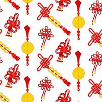 A pattern of red threads is tied into Chinese knots for good luck, amulets symbolizing prosperity. Threads, gold coins, amulets are scattered. Asian traditional materials in repetition vector