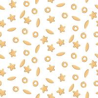 Pattern of different types of pasta. Stars, rings, drop. It is suitable for culinary themed decorations inspired by Italian cuisine.Seamless texture of several variants of Italian types of flour pasta vector