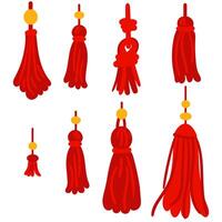 A set of brushes with bright red threads that are ideal for needlework, DIY or textile design. Various shapes of tassels made of threads with gold beads. Isolated elements vector