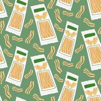 Pattern of pasta noodles in a white bag designed for storage. Culinary topics, food marketing. Flat illustration, seamless texture for product packaging. Paste is scattered on the green vector