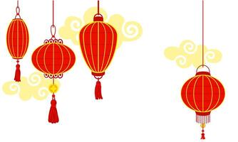 Chinese red paper lanterns hang in a row against a background of clouds, reminiscent of cultural wealth and a festive atmosphere. A festival for good luck. Festive themes, cultural presentations. Moon vector