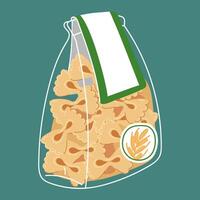 plano ilustración de un pegar en un transparente empaquetado bolso destinado a para almacenamiento. eso es adecuado para culinario temas, comida marketing. aislado embalaje en azul dentro con pasta es pegado vector