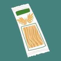 A flat illustration of a paste in a white packaged bag intended for storage. It is suitable for culinary topics and food marketing. Insulated packaging on blue inside with pasta vector