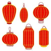 Set of Chinese red paper lanterns in a row, reminiscent of cultural wealth and festive atmosphere. A festival for good luck. Festive themes, cultural presentations, decorative purposes. Moon Festival vector