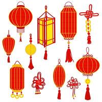 Set of Chinese red paper lanterns, threads, loops for good luck, cultural wealth and a festive atmosphere. Good luck. Festive themes, cultural presentations, decorative purposes. Moon Festival vector
