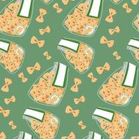 A pattern of paste bows in a transparent bag designed for storage. For culinary topics, food marketing. Flat illustration, seamless texture for product packaging. The paste is scattered on the green vector