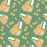 A pattern of paste bows in a transparent bag designed for storage. For culinary topics, food marketing. Flat illustration, seamless texture for product packaging. The paste is scattered on the green vector