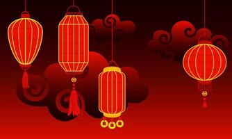 chino rojo papel linternas colgar en un fila en contra un antecedentes de nubes a noche rojo, recordando de cultural riqueza y festivo atmósfera. festivo temas, cultural presentaciones Luna festival vector