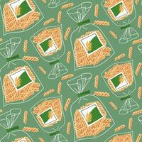 A spiral paste pattern in a transparent bag designed for storage. For culinary topics, food marketing. Flat illustration, seamless texture for product packaging. The paste is scattered on the green vector