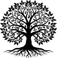 A black and white tree silhouette with roots and leaves vector