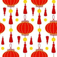 Pattern is a Chinese red paper lantern with tassels, reminiscent of cultural wealth and a festive atmosphere. A festive festival. Oval lanterns with amulets and cysts. The Moon Festival. illustration vector