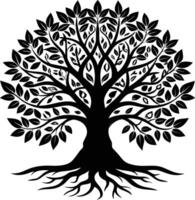 A black and white tree silhouette with roots and leaves vector