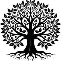 A black and white tree silhouette with roots and leaves vector