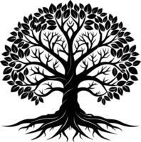 A black and white tree silhouette with roots and leaves vector