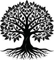 A black and white tree silhouette with roots and leaves vector