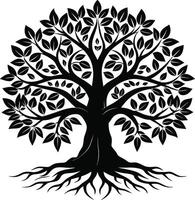 A black and white tree silhouette with roots and leaves vector