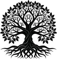 A black and white tree silhouette with roots and leaves vector