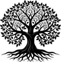 A black and white tree silhouette with roots and leaves vector