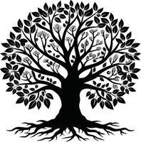 A black and white tree silhouette with roots and leaves vector