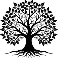 A black and white tree silhouette with roots and leaves vector