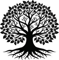 A black and white tree silhouette with roots and leaves vector