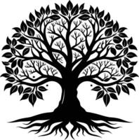 A black and white tree silhouette with roots and leaves vector