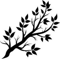 A black and white silhouette of a tree branch with leaves vector