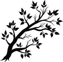 A black and white silhouette of a tree branch with leaves vector