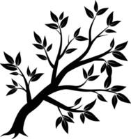 A black and white silhouette of a tree branch with leaves vector