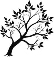 A black and white silhouette of a tree branch with leaves vector