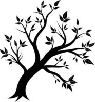 A black and white silhouette of a tree branch with leaves vector