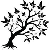 A black and white silhouette of a tree branch with leaves vector