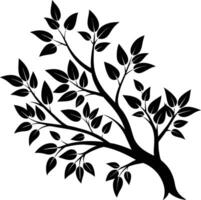 A black and white silhouette of a tree branch with leaves vector