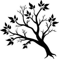 A black and white silhouette of a tree branch with leaves vector