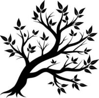 A black and white silhouette of a tree branch with leaves vector