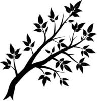 A black and white silhouette of a tree branch with leaves vector