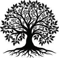 A black and white tree silhouette with roots and leaves vector