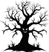 Halloween tree silhouette with scary face illustration vector